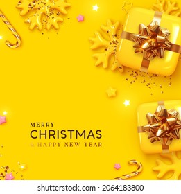 Merry Christmas and Happy New Year. Festive Xmas design realistic gifts box, decorative objects. flat lay top view. Yellow Christmas poster, holiday banner, flyer, stylish brochure, greeting card