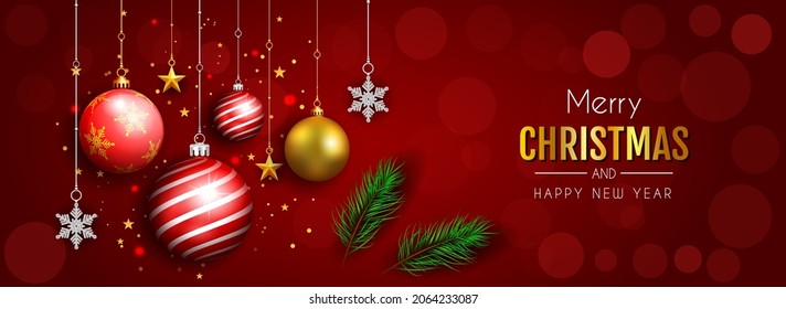 merry christmas and happy new year web banner with christmas balls in red background