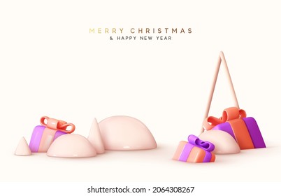 Merry Christmas and Happy New Year. Realistic 3d design, Winter landscape snow balls, snow drifts, gift boxes, Abstract cone trees. Xmas holiday banner, Advertising Web poster. Vector illustration