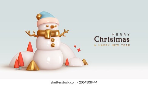 Merry Christmas and Happy New Year. Xmas Festive background. Realistic 3d design white snowman cute winter character, Abstract cone trees, snow balls drifts. Holiday Greeting card, banner, web poster.