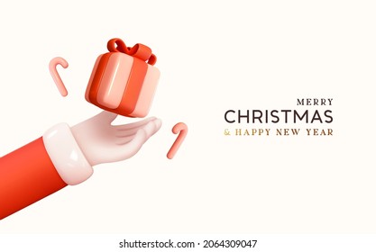 Merry Christmas and Happy New Year. Realistic 3d design, hand of Santa Claus in palm holding pink gift box, and candy cane falling. Xmas holiday banner, Advertising Web poster. Vector illustration