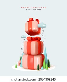 Merry Christmas and Happy New Year. Abstract minimal realistic 3d design shaped mountain from pile pink gift box. Winter landscape composition. Xmas background. Vector illustration