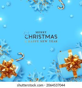 Merry Christmas and Happy New Year. Festive Xmas design realistic gift box, decorative objects. flat lay top view. Blue Christmas poster, holiday banner, flyer, stylish brochure, greeting card