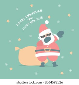 merry christmas and happy new year with cute dabbing santa claus do dabbing dance and present gift in the winter season green background, flat vector illustration cartoon character costume design