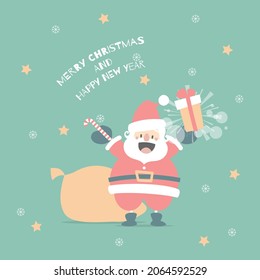 merry christmas and happy new year with cute santa claus and present gift in the winter season green background, flat vector illustration cartoon character costume design