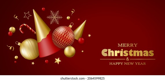 Merry Christmas and Happy New Year background. Red and gold 3D Christmas tree, balls and decor. Vector illustration.