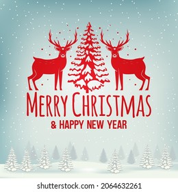 Merry Christmas and Happy New Year stamp, sticker set with elk, forest landscape, christmas tree. Vector illustration. Vintage typography design for xmas, new year emblem in retro style