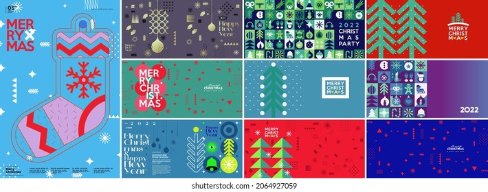 Merry Christmas and Happy New Year! Winter. Holiday Backgrounds Collection. Simple background. Trendy style. Cover, invitation or poster design. Vector illustration.