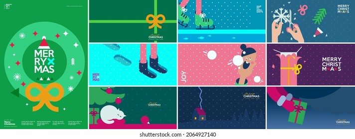 Merry Christmas and Happy New Year! Winter. Holiday Backgrounds Collection. Simple background. Trendy style. Cover, invitation or poster design. Vector illustration.