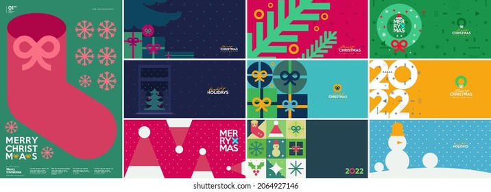 Merry Christmas and Happy New Year! Winter. Holiday Backgrounds Collection. Simple background. Trendy style. Cover, invitation or poster design. Vector illustration.