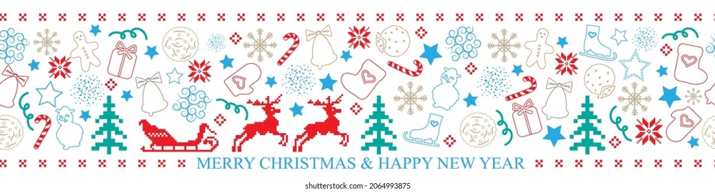 Merry Christmas and Happy New Year winter border banner. Festive seamless vector pattern in Scandinavian style on white.