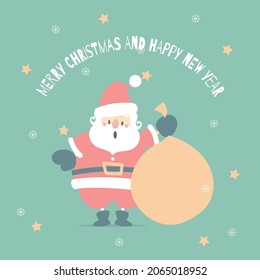 merry christmas and happy new year with cute santa claus and present gift in the winter season green background, flat vector illustration cartoon character costume design