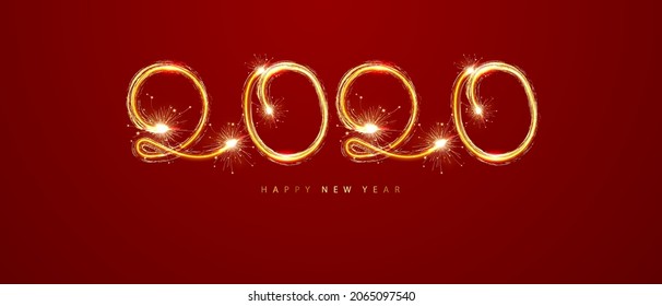 Merry Christmas and Happy New Year 2020 with luxurious golden and winding numbers. on a red background It's a festive number design. vector illustration