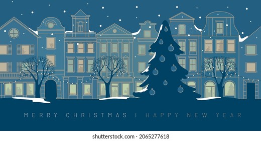 Merry christmas and happy new year greeting card. Festive winter street. Europe street. 