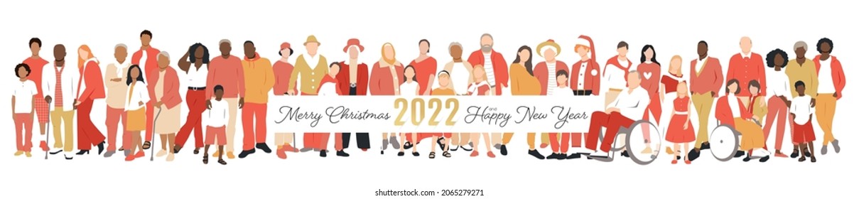 Merry Christmas and Happy New Year card. Multicultural group of families.