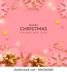 Merry Christmas and Happy New Year. Festive Xmas design realistic gifts box, decorative objects. flat lay top view. Pink Christmas poster, holiday banner, flyer, stylish brochure, greeting card