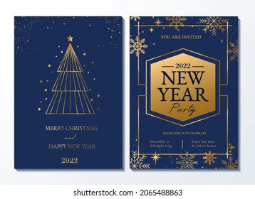 Merry Christmas and Happy New Year party invitation. Luxury Xmas design for social media,banner, invitation with golden linear snowflakes and Christmas tree. Trendy Xmas template vector illustration.