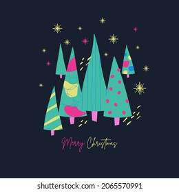 Merry Christmas and Happy New Year! Vector trendy bright abstract illustrations for holiday graphic design: christmas tree, ornament. Drawings for poster. Print postcard 2021! 