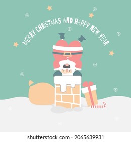 merry christmas and happy new year with cute santa claus and present gift with chimney in the winter season green background, flat vector illustration cartoon character costume design