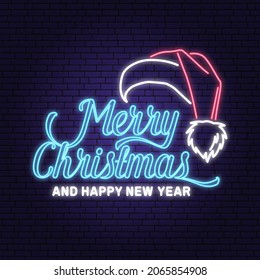 Merry Christmas and Happy New Year neon sign with Santa Claus winter hat. Vector Vintage typography design for xmas, new year 2022 emblem in retro style. Santa Claus red hat.