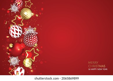 Merry Christmas and Happy New Year. Xmas background with Snowflakes and balls design.