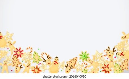 Merry Christmas and Happy New Year background with gingerbread cookies. Vector illustration design template celebration for greeting card, poster, banner
