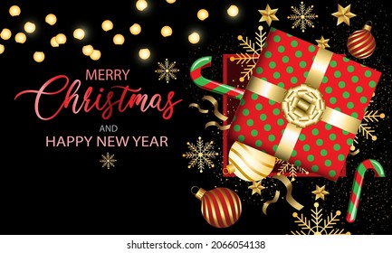 Merry Christmas and Happy New Year Gift box on black with text design for holiday festival celebration vector background illustration.
