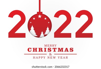 Merry Christmas and happy new year illustration template. 2022 papercut number with Xmas trees and stars in a glass bauble. Vector design for greeting card or holiday banner.