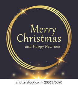 Merry Christmas and Happy New Year. Banner with gold elements and text on a dark blue background. Vector illustration.