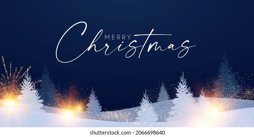 Merry Christmas and Happy New Year design template with fir trees, fireworks and snow. Coniferous forest with lights