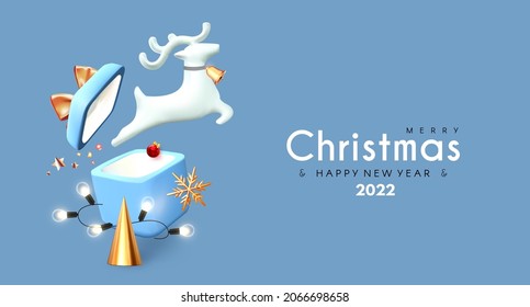 Merry Christmas and Happy New Year soft blue 3D design with gift box, deer jump, light garland and snowflakes