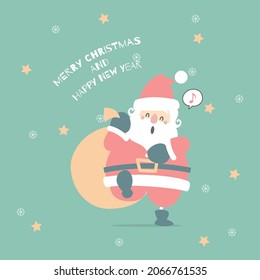 merry christmas and happy new year with cute santa claus and present gift in the winter season green background, flat vector illustration cartoon character costume design