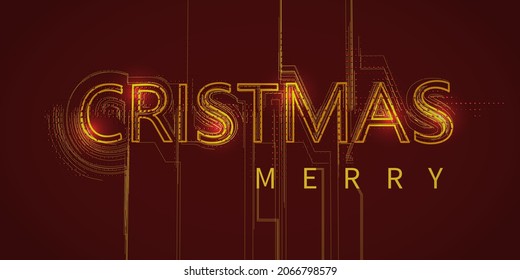 Merry Christmas. Happy New Year. Holiday abstract dark background with futuristic text. Text on red with geometric lines and dots. For banner, poster, template, header for website.