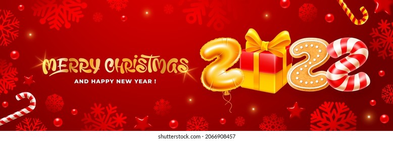 Merry Christmas and Happy New Year 2022. Creative greeting with digits 2022, made of golden foil balloon, gift box with golden bow, gingerbread and candy cane on red background. Vector illustration.