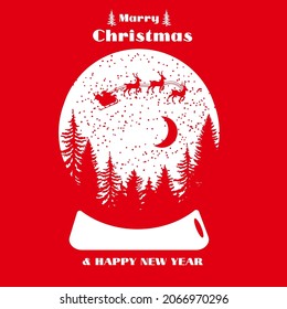 Merry christmas and happy new year red background Santa sleigh flying into the winter village christmas night Vector illustration. EPS