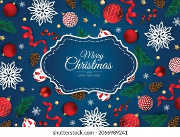 Merry Christmas and Happy New Year greeting card. Christmas holiday background with fir tree, snowflakes, balls.