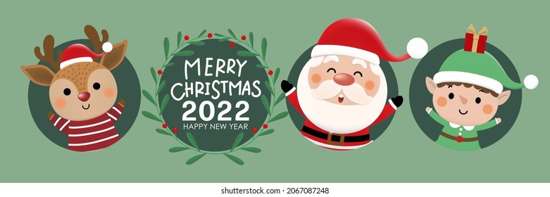 Feliz Navidad y feliz tarjeta de saludo de año nuevo con el lindo Santa Claus, pequeño elfo y ciervo. Caricatura de vacaciones en invierno. -Vector