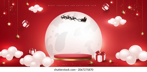 Merry Christmas and happy new year banner with festive decoration and copy space product display cylindrical shape with glowing Full Moon Behind