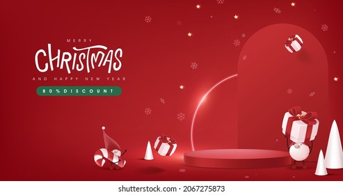 Merry Christmas and happy new year banner with festive decoration and copy space product display cylindrical shape