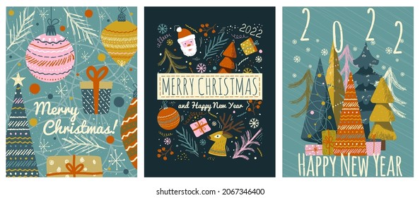 Merry christmas and happy new year greeting cards template. Vector set of winter holiday illustrations in vintage style. Christmas tree and toys, santa claus. 2022 new year hand drawn poster