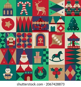 Merry Christmas and Happy New Year seamless pattern. Patchwork style. Colorful Composition with Christmas elements: Santa Claus, Nutcracker, Christmas tree, toys, gifts.