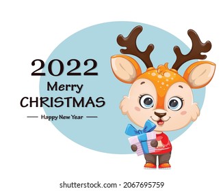 Merry Christmas and Happy New Year greeting card. Cute baby deer holding gift box