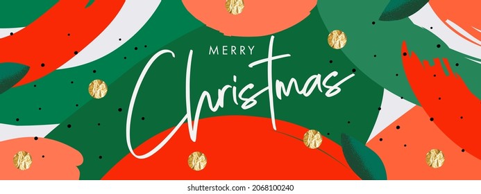 Merry Christmas and Happy New Year banner. Trendy modern art Xmas design with typography, gold foil pressed dots and painted texture elements. Horizontal poster, greeting card, header for website