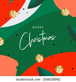 Merry Christmas and Happy New Year banner. Trendy modern art Xmas design with typography, gold foil pressed dots and painted texture elements. Horizontal poster, greeting card, header for website