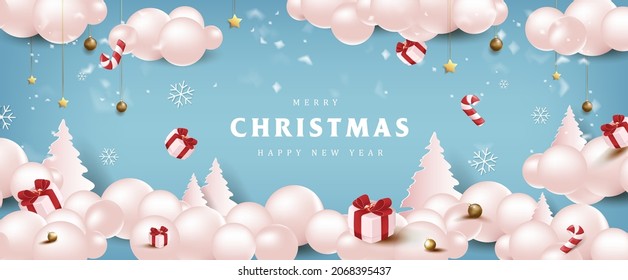 Merry Christmas and happy new year poster banner with winter festive decoration 