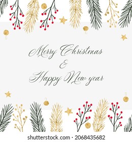 Merry Christmas and Happy New Year Banner with gold fir tree branches, red berry, green spruce, star and decoration. Holiday greeting seamless pattern for party invitation, flyer, card, sale, cover