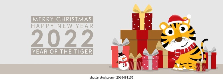 Merry Christmas and happy new year 2022. The year of tiger. Cute animal wear red scarf. Holidays cartoon character. -Vector