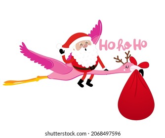 Merry Christmas and Happy New Year - Flying Santa with flamingo. Hand drawn lettering for Xmas greetings cards, invitations. Good for t-shirt, mug, scrap booking, gift, printing press. Holiday quotes.