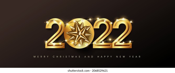 Merry christmas and happy new year 2022 golden text design background Decorated with gift box and glowing light bulb garland