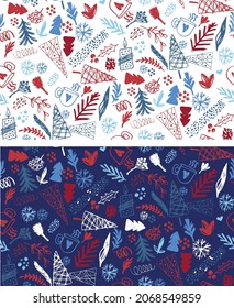 Merry christmas and Happy New Year - cute hand drawn doodle pattern background. Seasons Greetings template art.